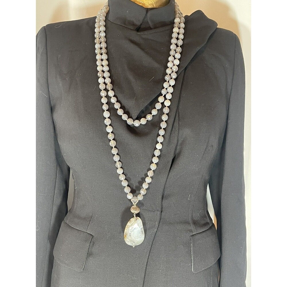 Gray Agate Natural Stone Extra Long Pendant Necklace